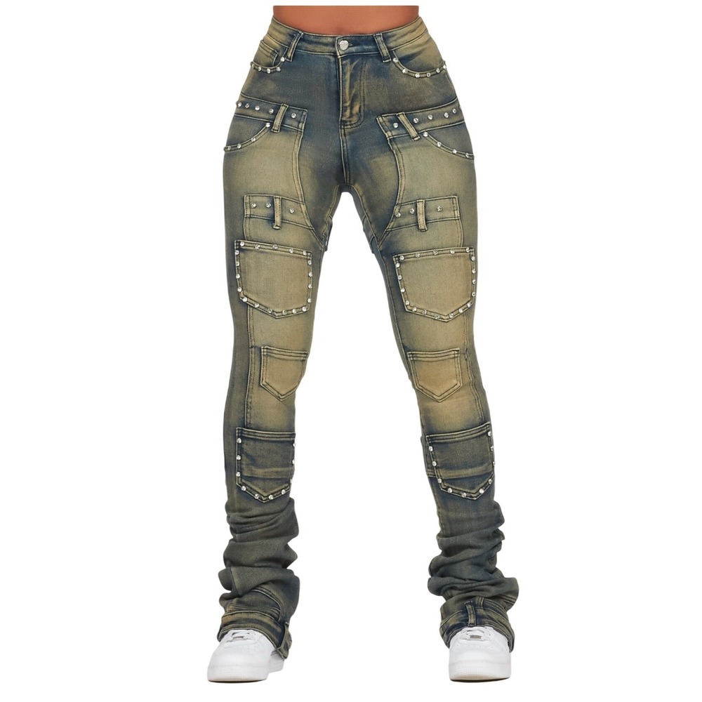 Rockstar Original Rhinestone Studded Cargo Stacked Jeans Blue Distressed‎ 26x42